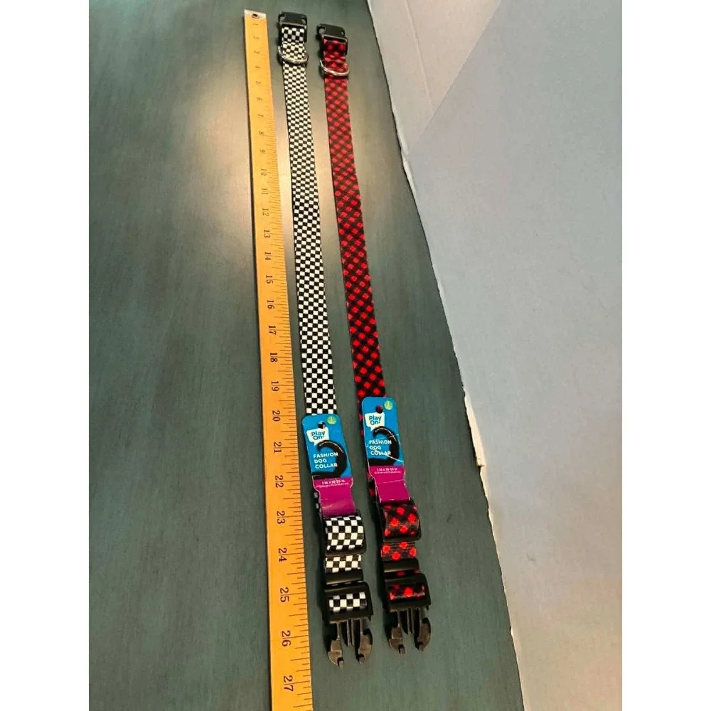 Play On Dog Collar Set Large Red Black White Plaid Checkered New 2 Pack